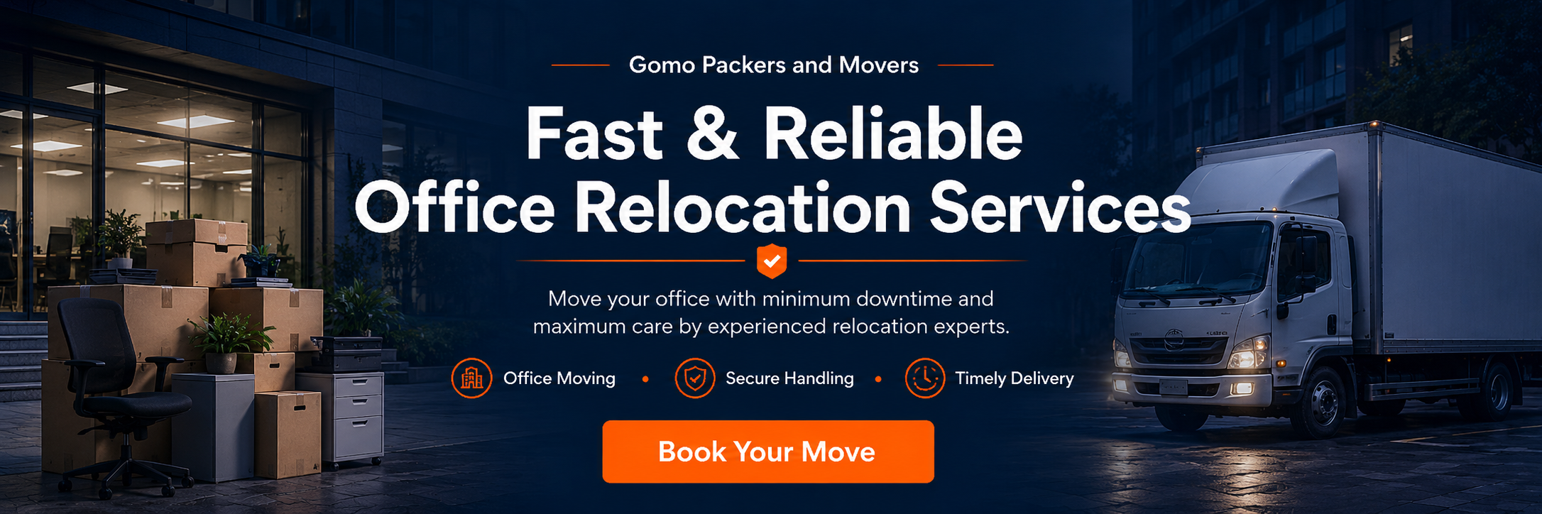 Gomo Packers and Movers home shifting banner with moving boxes, house background, and transport truck