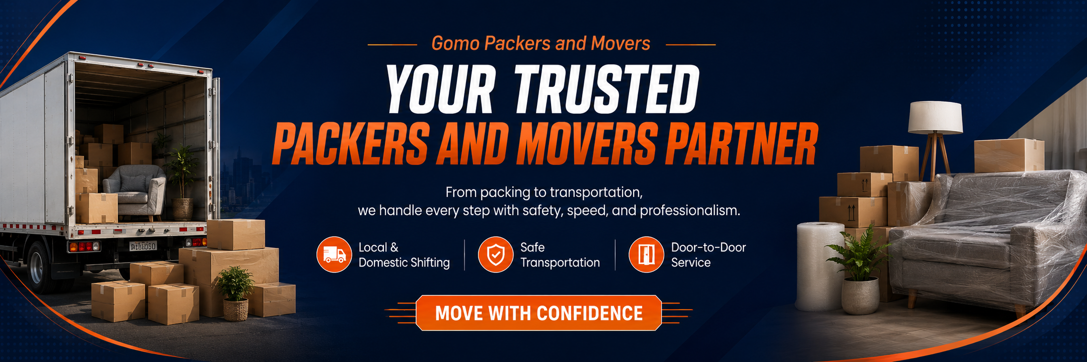 Gomo Packers and Movers service banner with loaded truck, packed furniture, and professional relocation theme
