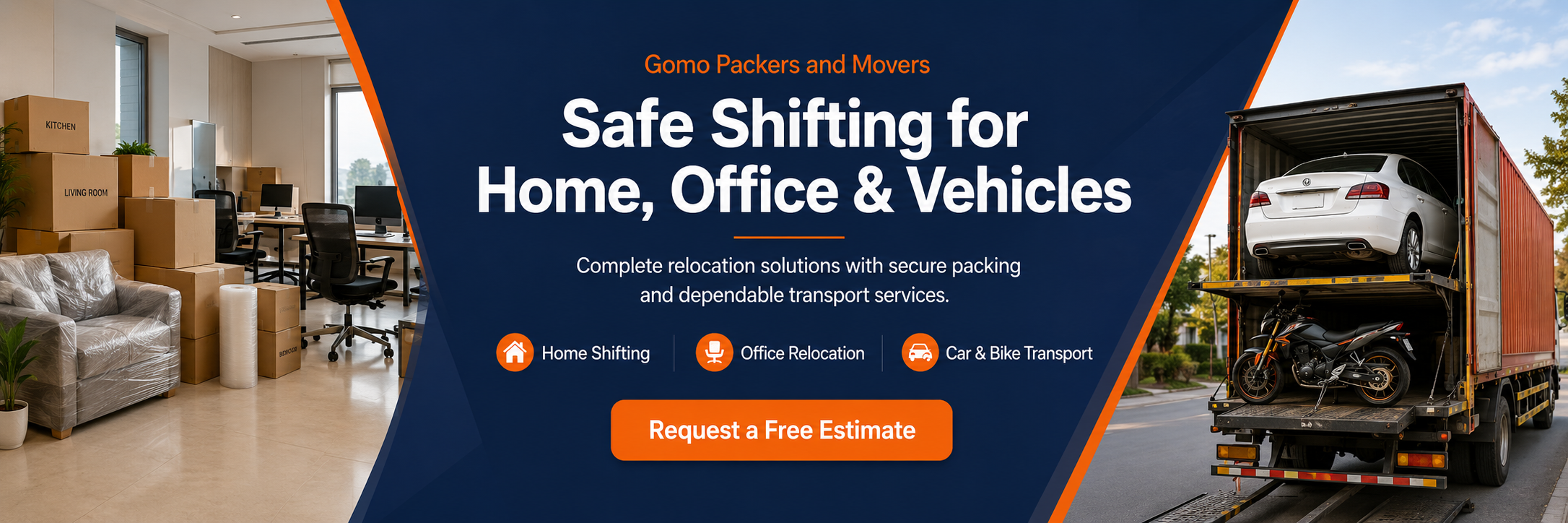 Gomo Packers and Movers office relocation banner with office setup, packed boxes, and moving truck